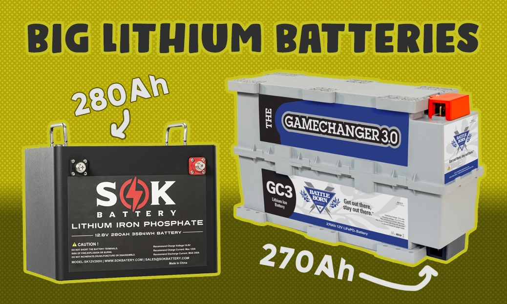 SOK Battery 280Ah lithium battery next to Battle Born Batteries 270Ah lithium battery.