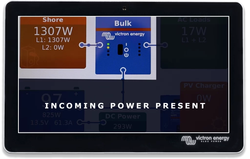 Victron touch screen displaying incoming shore power.