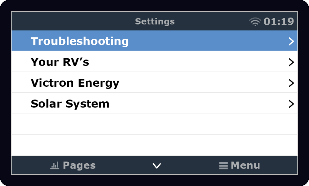 Victron Touch screen displaying the text "Troubleshooting Your RV's Victron Energy RV Solar System"