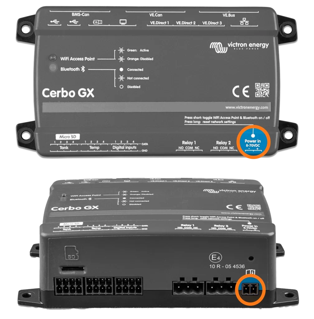 Victron Energy Cerbo GX front and bottom view showing the location of the power cord port, at the bottom right.