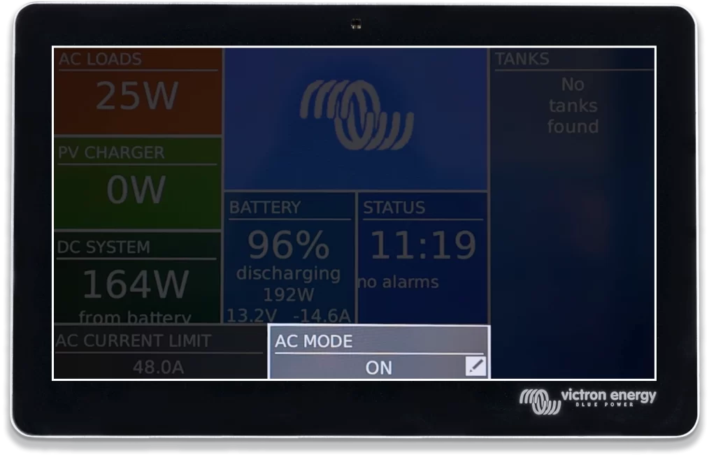 Victron Touch screen displaying the inverter is on, as needed to plug into shore power.