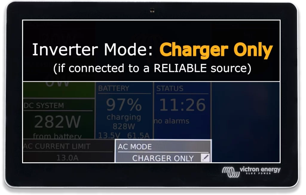 Victron touch screen showing inverter set to charger-only.